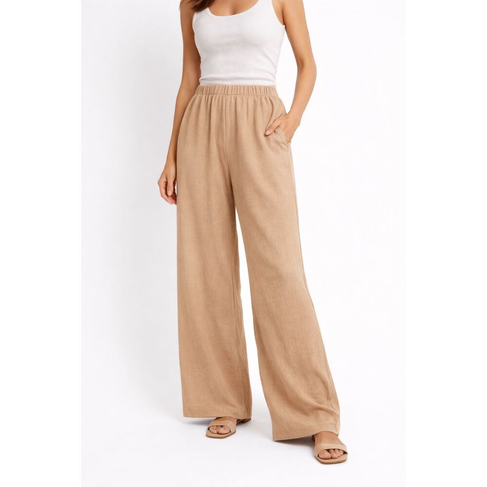 Zara Wide Leg Pants Beige Elastic Waist Flowy Lounge Minimalist M